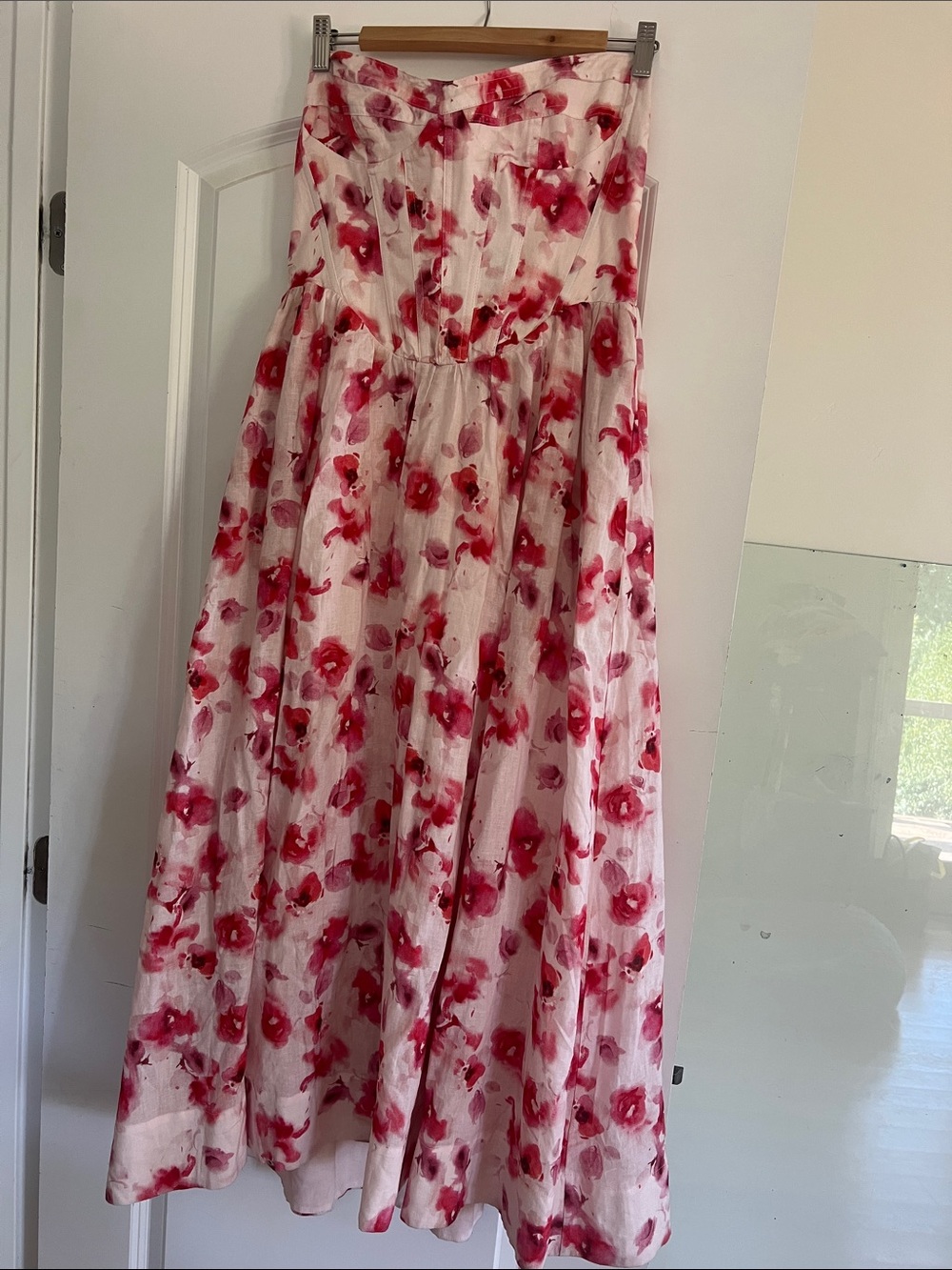 Bardot Strapless Pink Maxi Dress with Red Floral Print